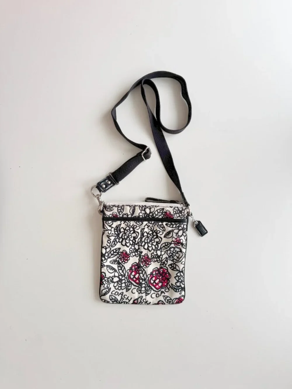 COACH White Black Floral Graffiti Nylon Leather Trim Crossbody Purse - Picture 1 of 16